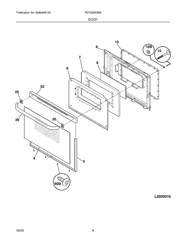 DOOR Diagram and Parts List for FEF326AWM  Frigidaire Range