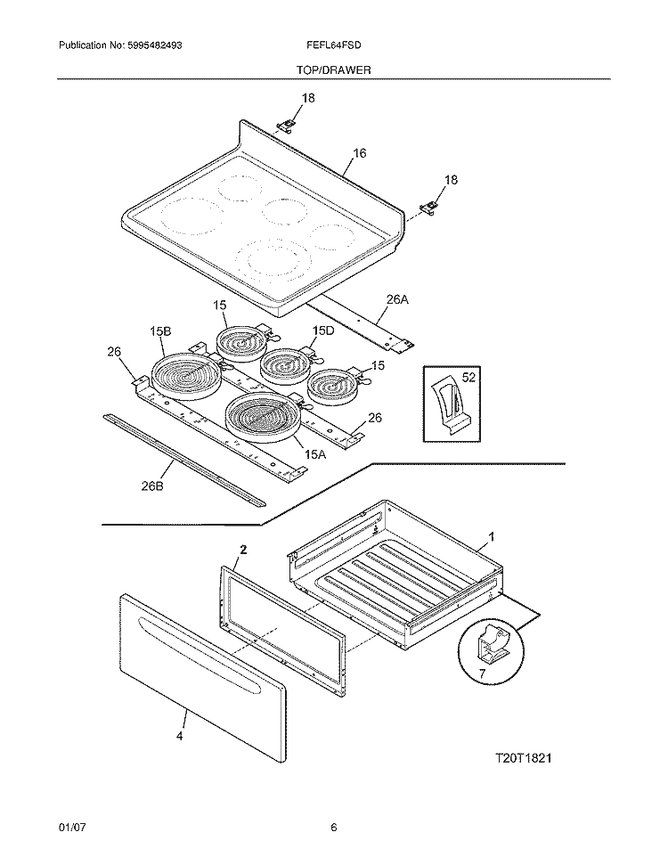 TOP / DRAWER Diagram and Parts List for FEFL64FSD  Frigidaire Range