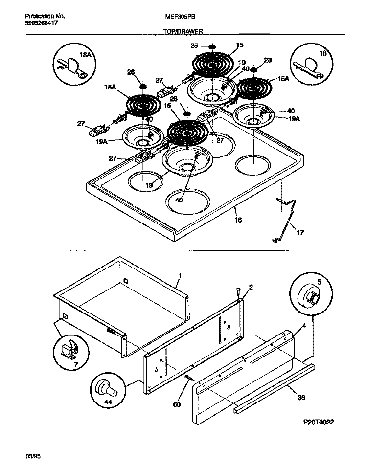 TOP / DRAWER Diagram and Parts List for MEF305PBDA  Kelvinator Range