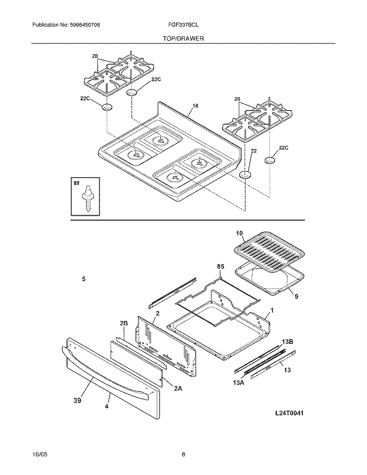 TOP / DRAWER Diagram and Parts List for FGF337BCL  Frigidaire Range