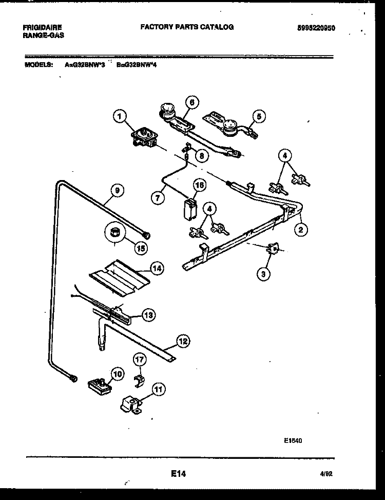 BURNER, MANIFOLD AND GAS CONTROL Diagram and Parts List for G32BNW3  Frigidaire Range