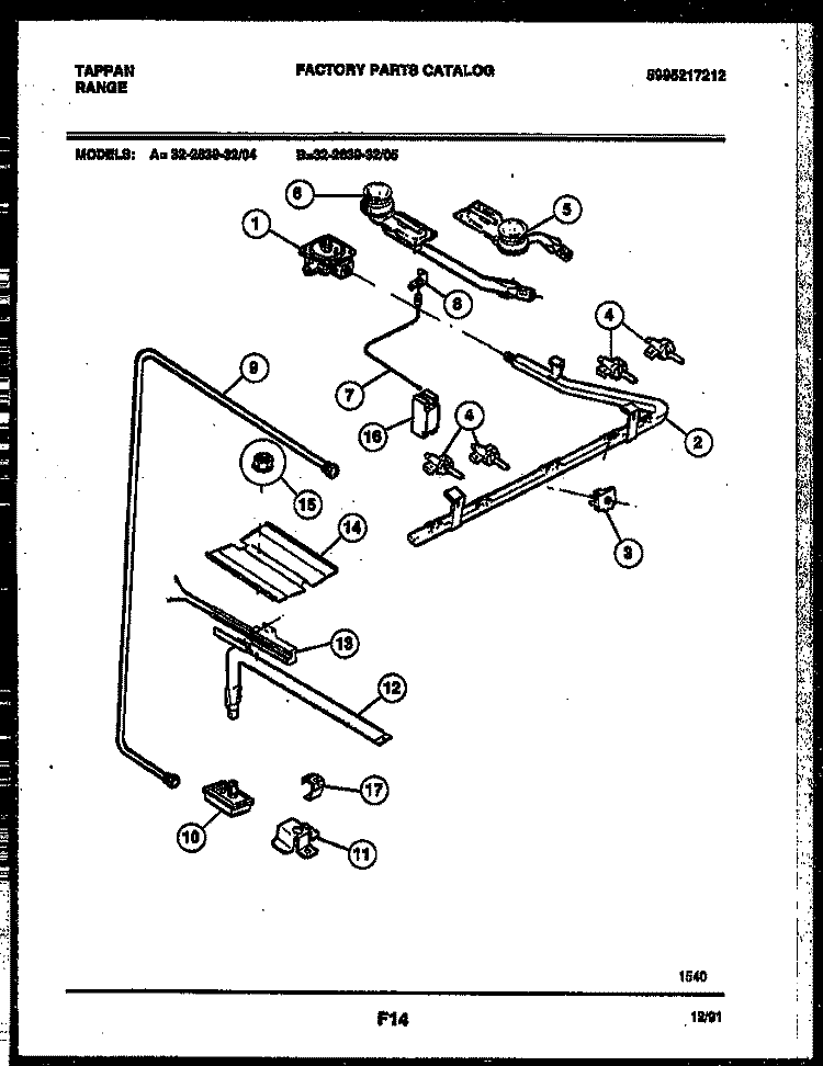 BURNER, MANIFOLD AND GAS CONTROL Diagram and Parts List for 32-2639-00-05  Tappan Range
