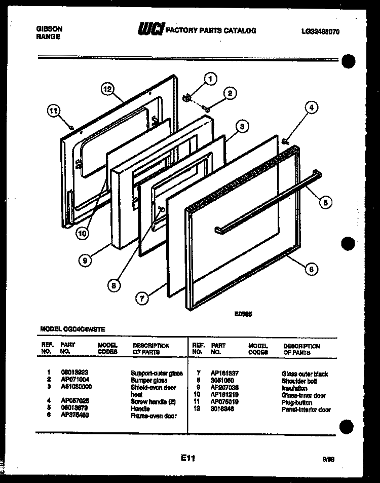 DOOR PARTS Diagram and Parts List for CGC4C4WSTE  Gibson Range