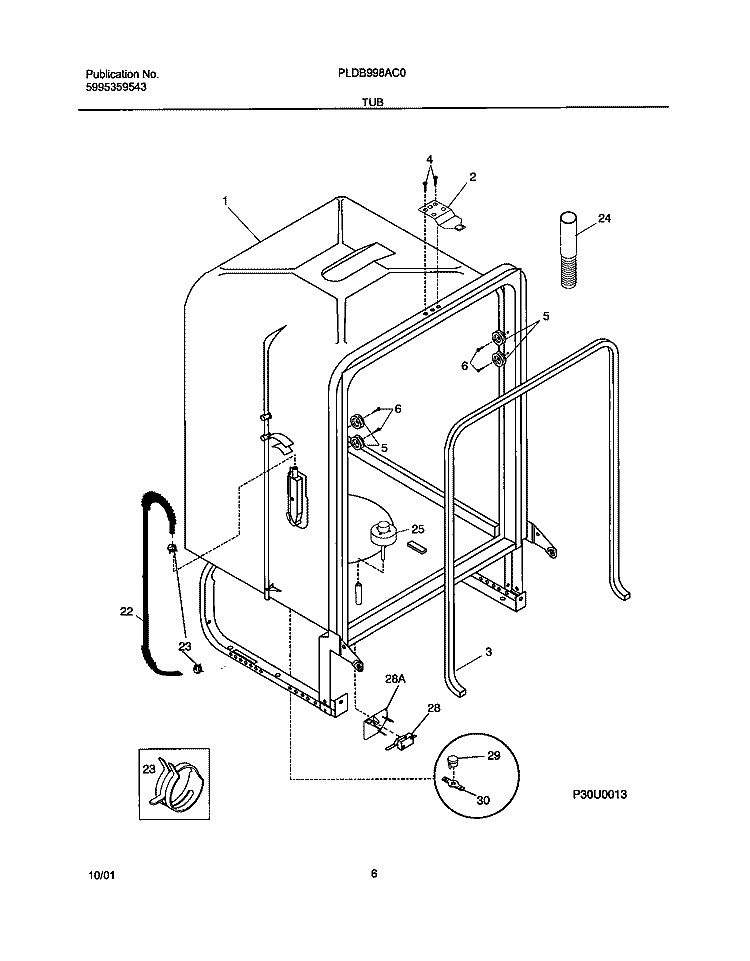 TUB Diagram and Parts List for PLDB998AC0  Frigidaire Dishwasher