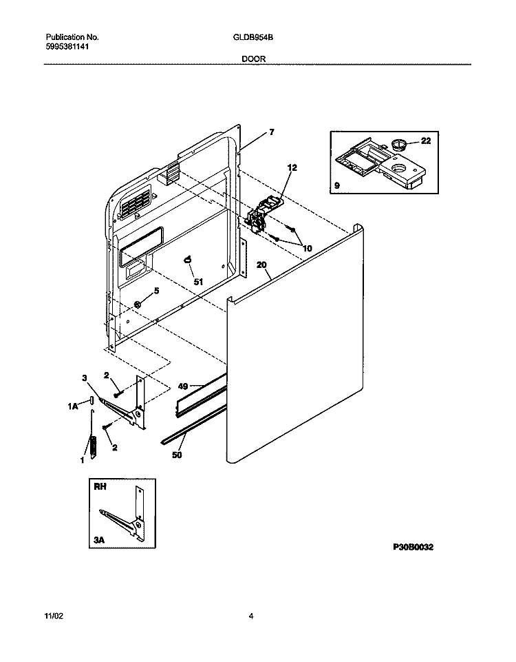 DOOR Diagram and Parts List for GLDB954BS1  Frigidaire Dishwasher