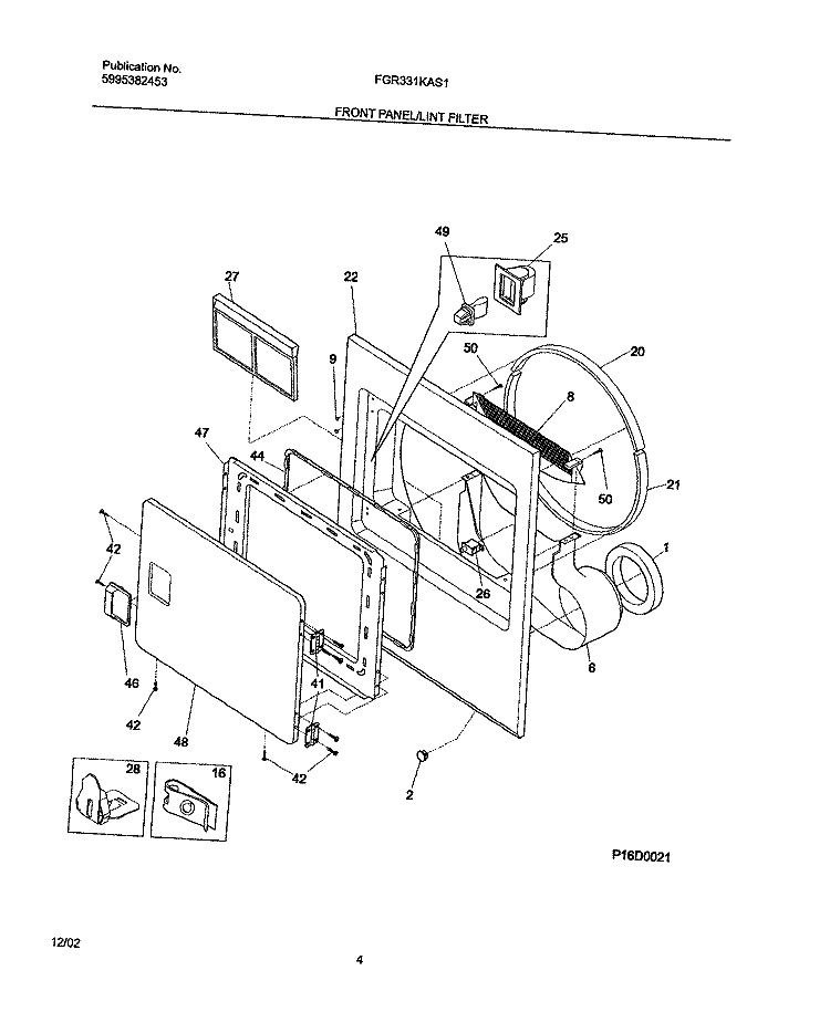 FRONT PANEL / LINT FILTER Diagram and Parts List for FGR331KAS1  Frigidaire Dryer