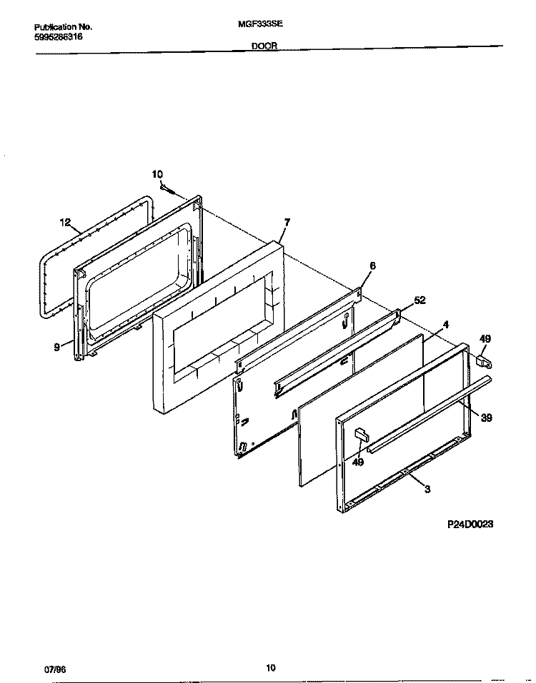 DOOR Diagram and Parts List for MGF333SEWC  Frigidaire Range