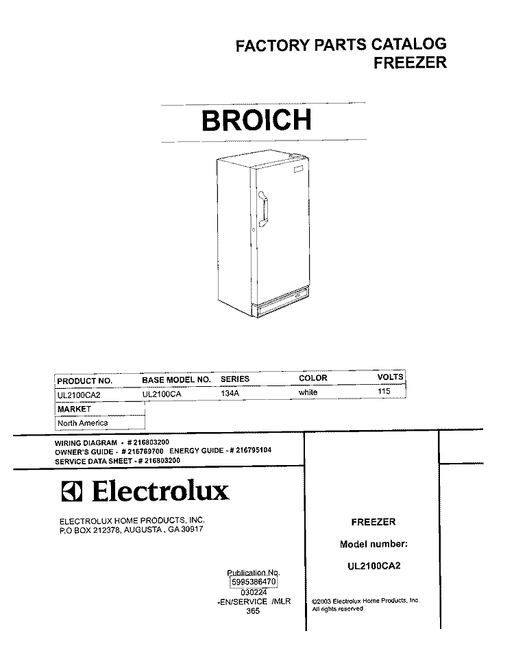 COVER Diagram and Parts List for UL2100CA2  Electrolux Freezer