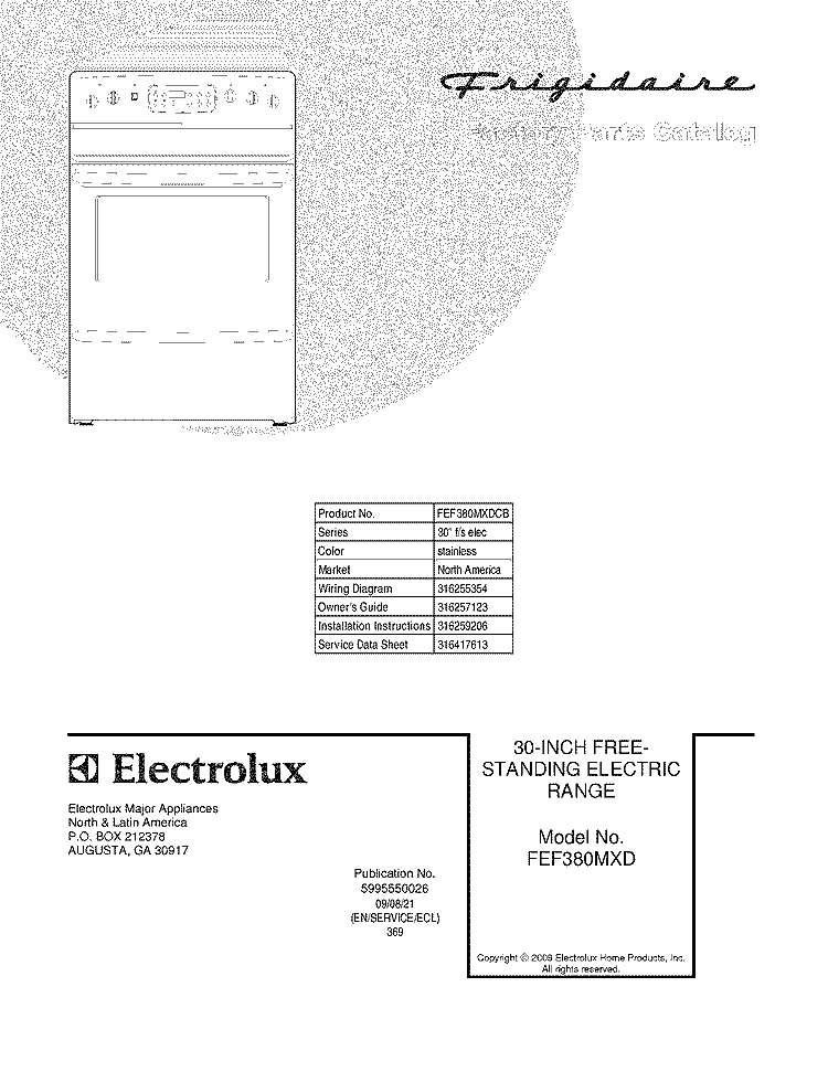 COVER Diagram and Parts List for FEF380MXDCB  Frigidaire Range