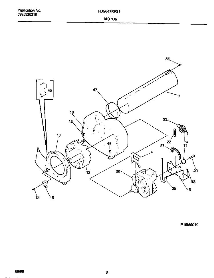P16M0019 MOTOR, BLOWER Diagram and Parts List for FDG647RFS1  Frigidaire Dryer