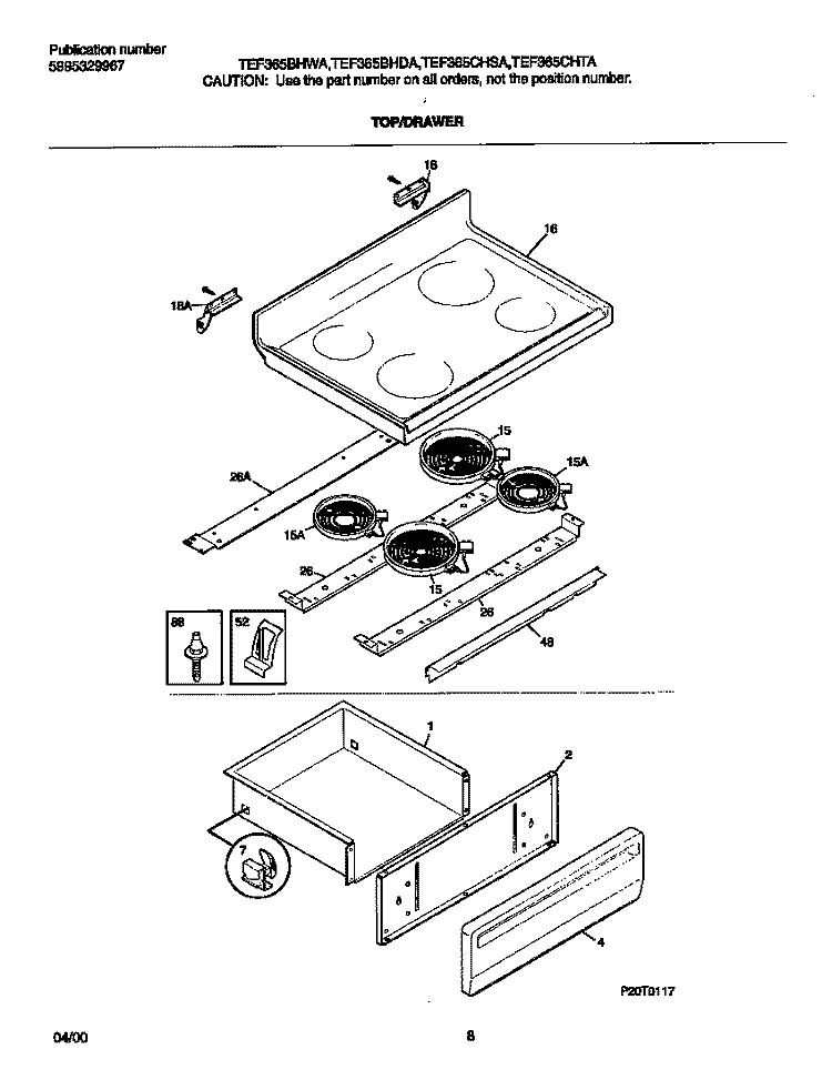 TOP / DRAWER Diagram and Parts List for TEF365BHDA  Tappan Range