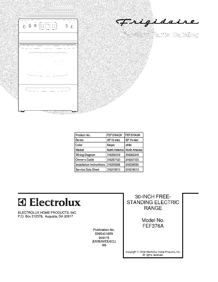 COVER Diagram and Parts List for FEF376AQK  Frigidaire Range