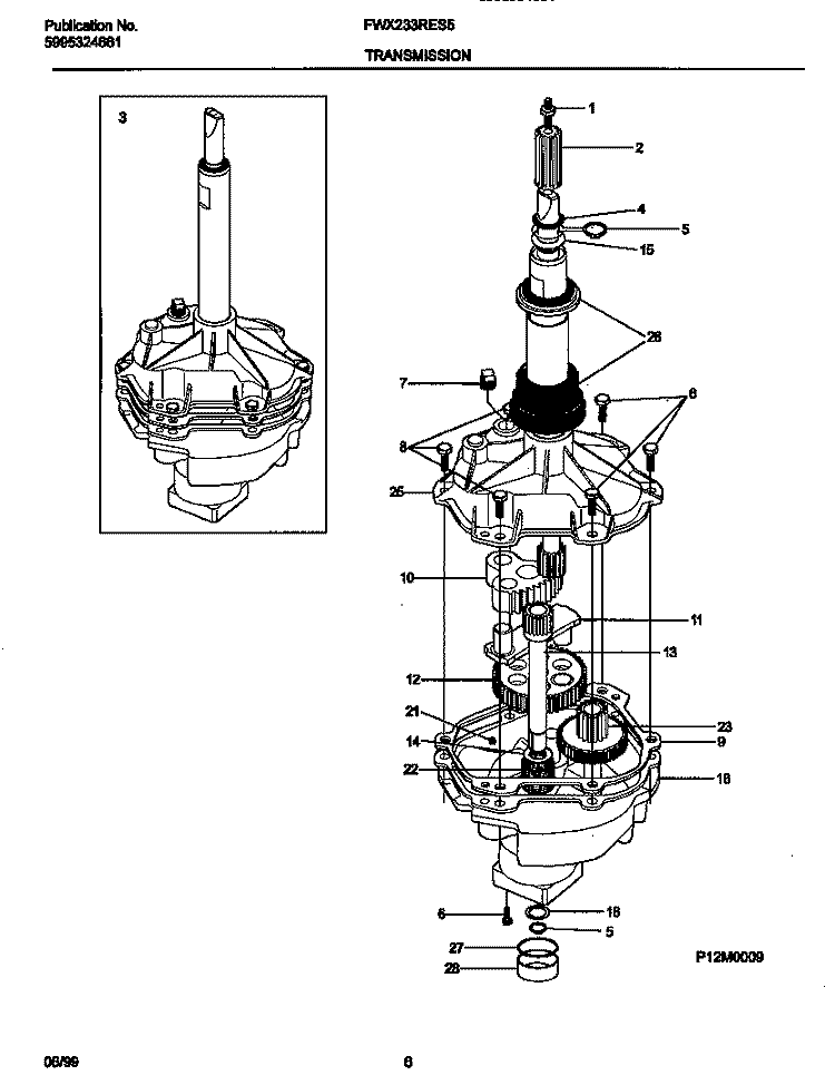 P12M0009 TRANSMISSION Diagram and Parts List for FWX233RES5  Frigidaire Washer
