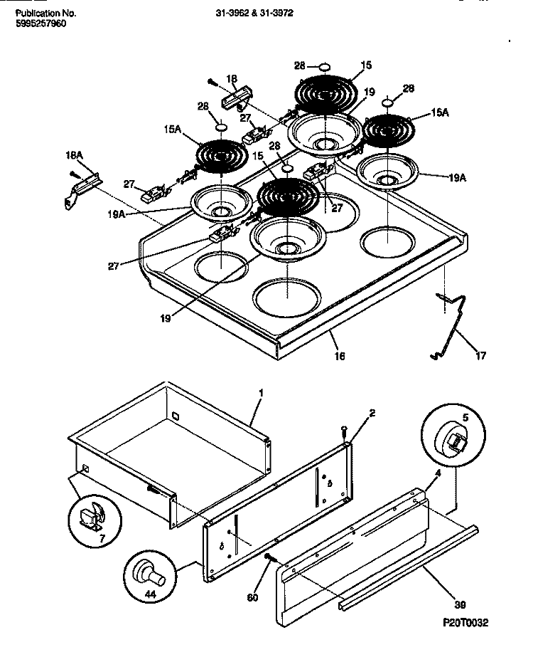 TOP / DRAWER Diagram and Parts List for 31-3962-23-02  Tappan Range