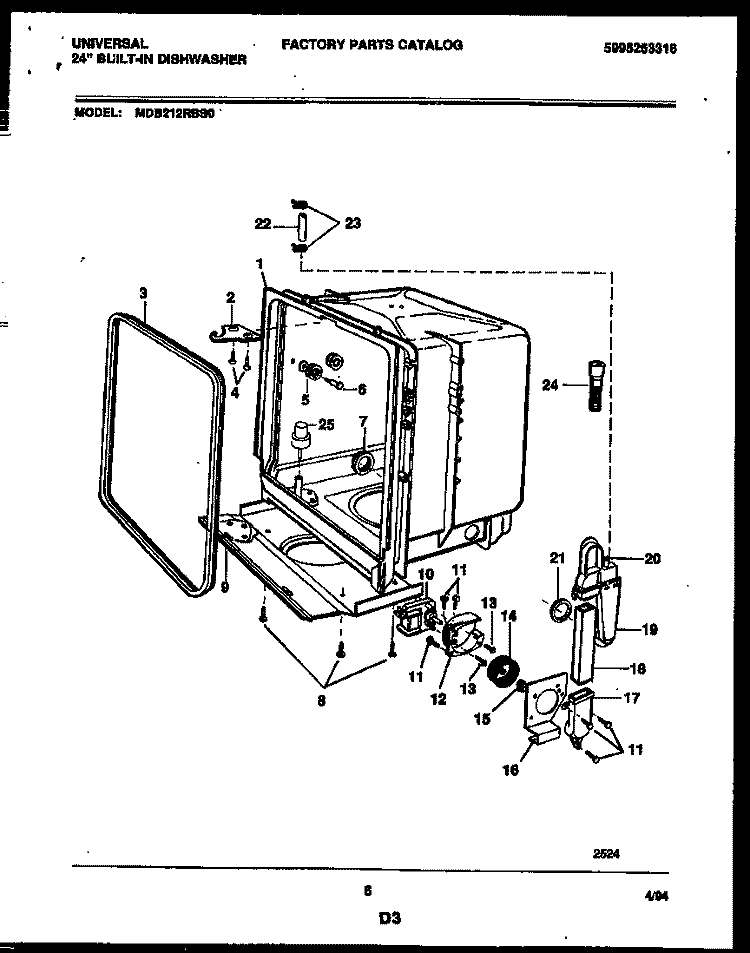 TUB AND FRAME PARTS Diagram and Parts List for MDB212RBS0  Frigidaire Dishwasher