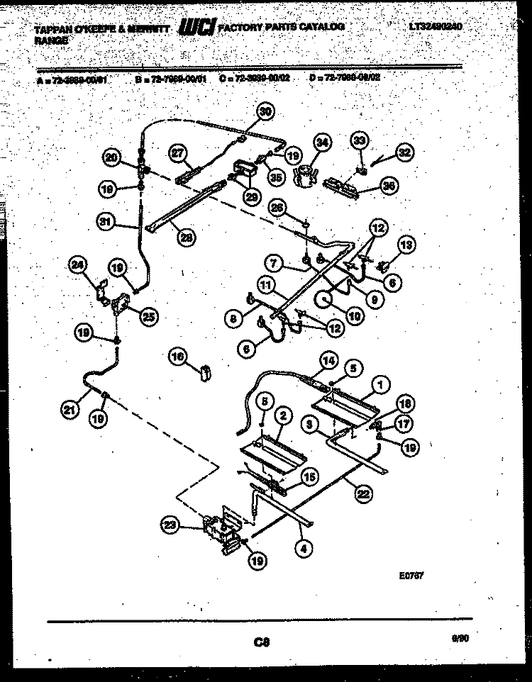 BURNER, MANIFOLD AND GAS CONTROL Diagram and Parts List for 72-3989-00-01  Tappan Range