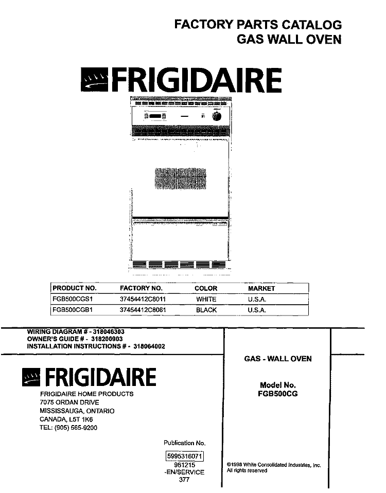 COVER Diagram and Parts List for FGB500CGB1  Frigidaire Wall Oven