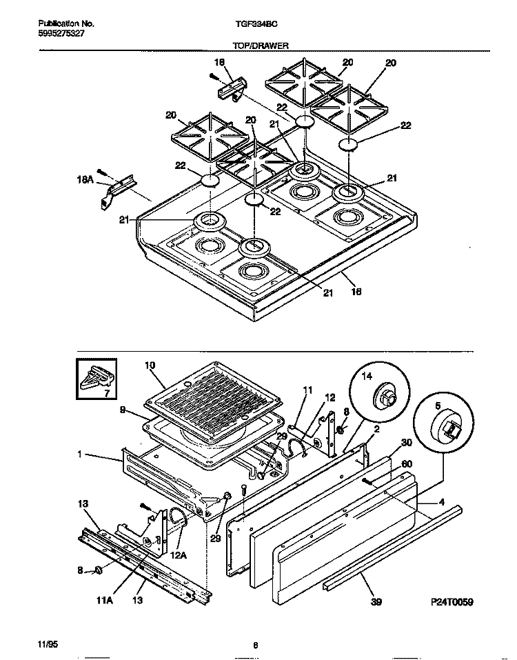 TOP / DRAWER Diagram and Parts List for TGF334BCDB  Tappan Range