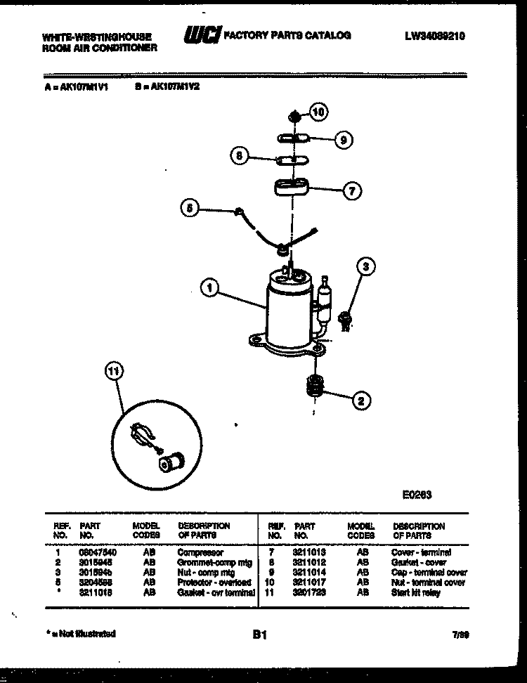 COMPRESSOR PARTS Diagram and Parts List for AK107M1V1  Frigidaire Air Conditioner