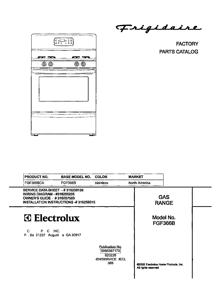 COVER Diagram and Parts List for FGF366BCA  Frigidaire Range