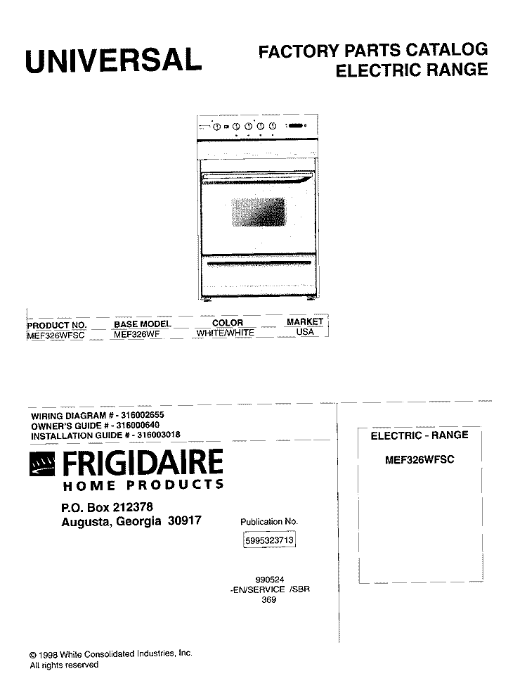 COVER Diagram and Parts List for MEF326WFSC  Frigidaire Range