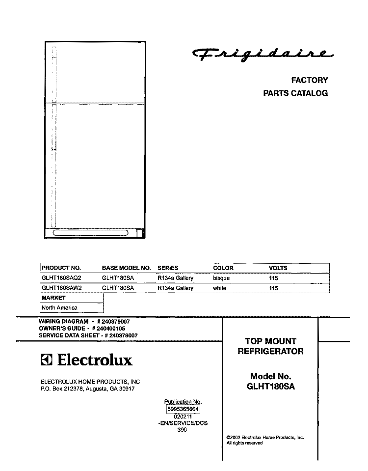 COVER Diagram and Parts List for GLHT180SAQ2  Frigidaire Refrigerator