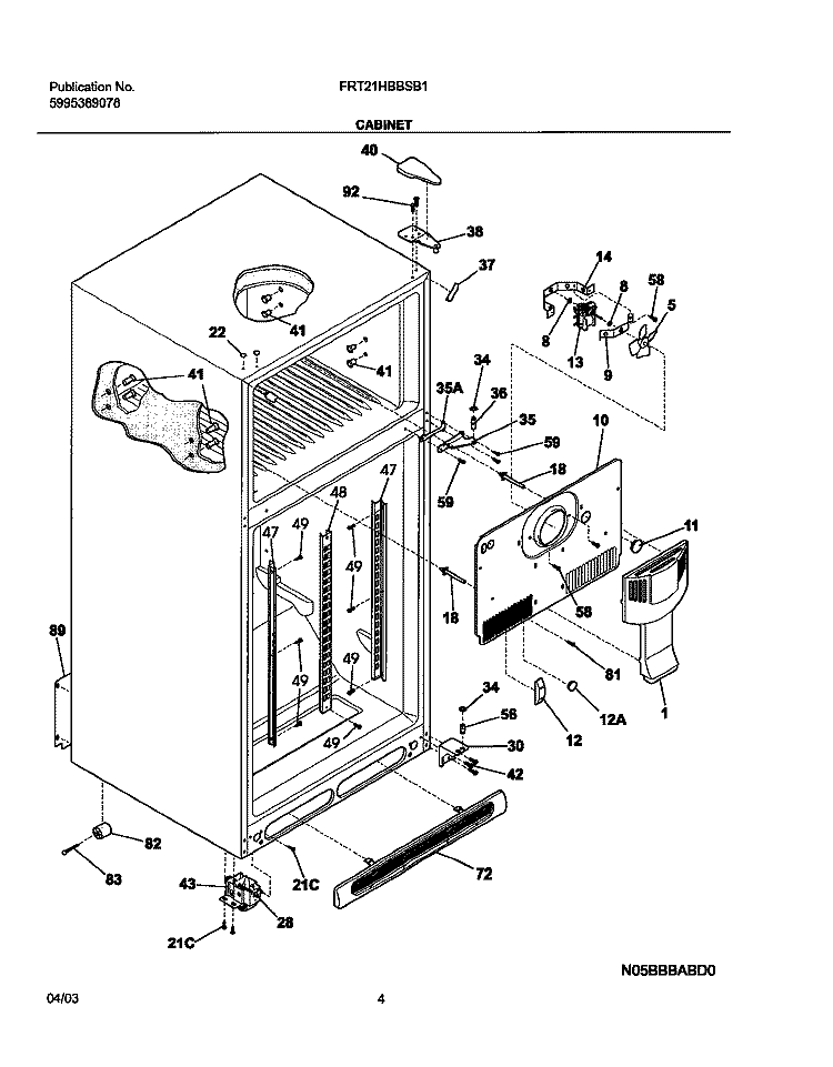 CABINET Diagram and Parts List for FRT21HBBSB1  Frigidaire Refrigerator