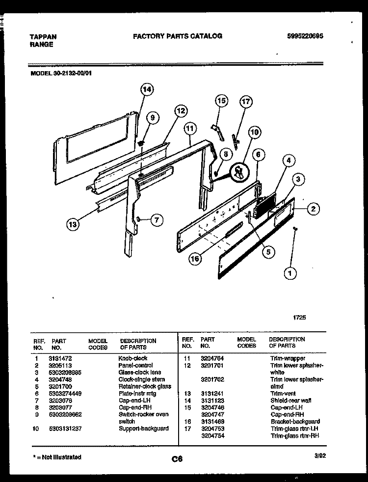 BACKGUARD Diagram and Parts List for 30-2132-00-01  Tappan Range