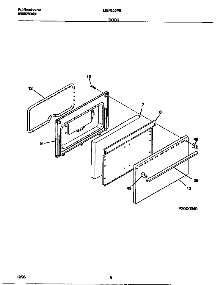 DOOR Diagram and Parts List for MEF302PBWH  Frigidaire Range