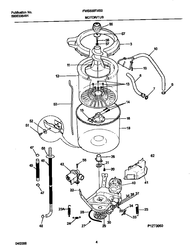 P12T0060 WSHR MTR, HOSE Diagram and Parts List for FWS800FHS0  Frigidaire Washer