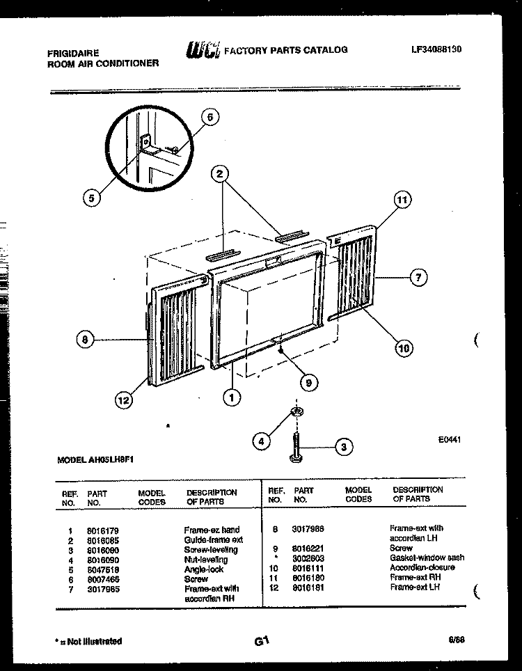 WINDOW MOUNTING PARTS Diagram and Parts List for A05LH8F1  Frigidaire Air Conditioner