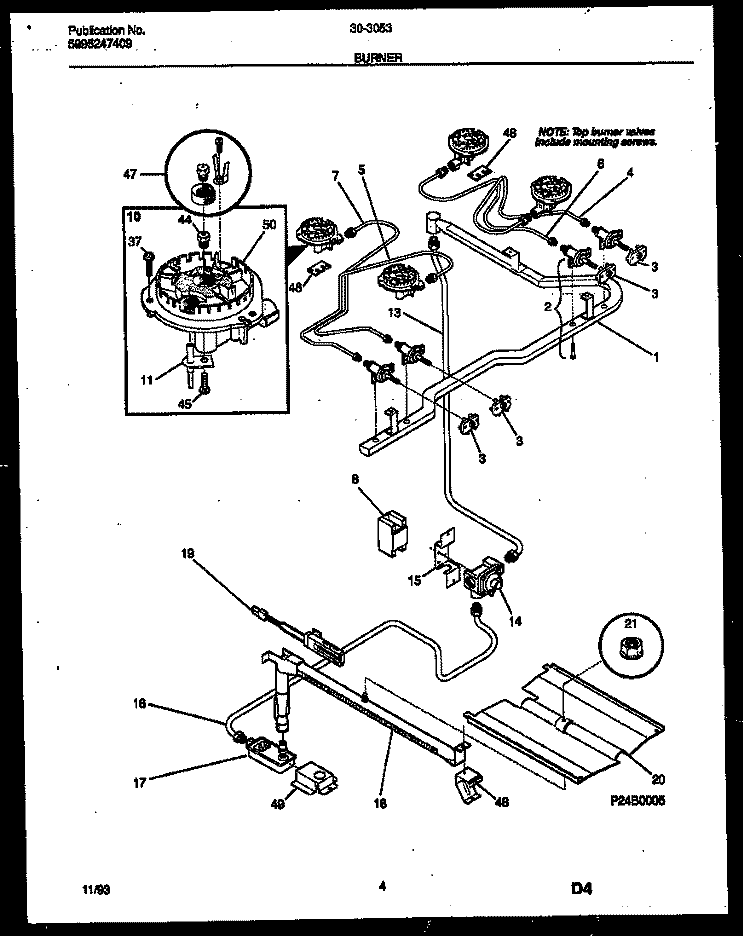 BURNER PARTS Diagram and Parts List for 30-3053-00-01  Tappan Range