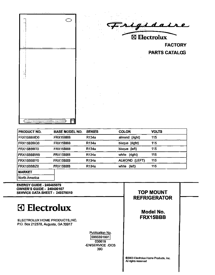 COVER Diagram and Parts List for FRX15BBBZ0  Frigidaire Refrigerator