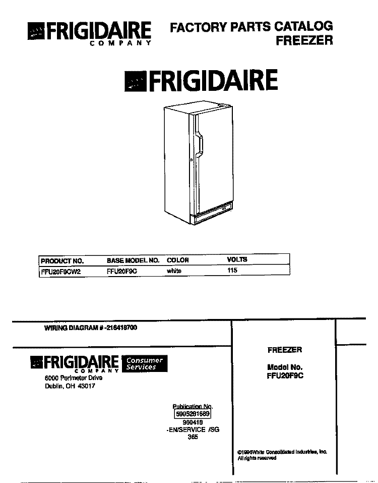 COVER Diagram and Parts List for FFU20F9CW2  Frigidaire Freezer