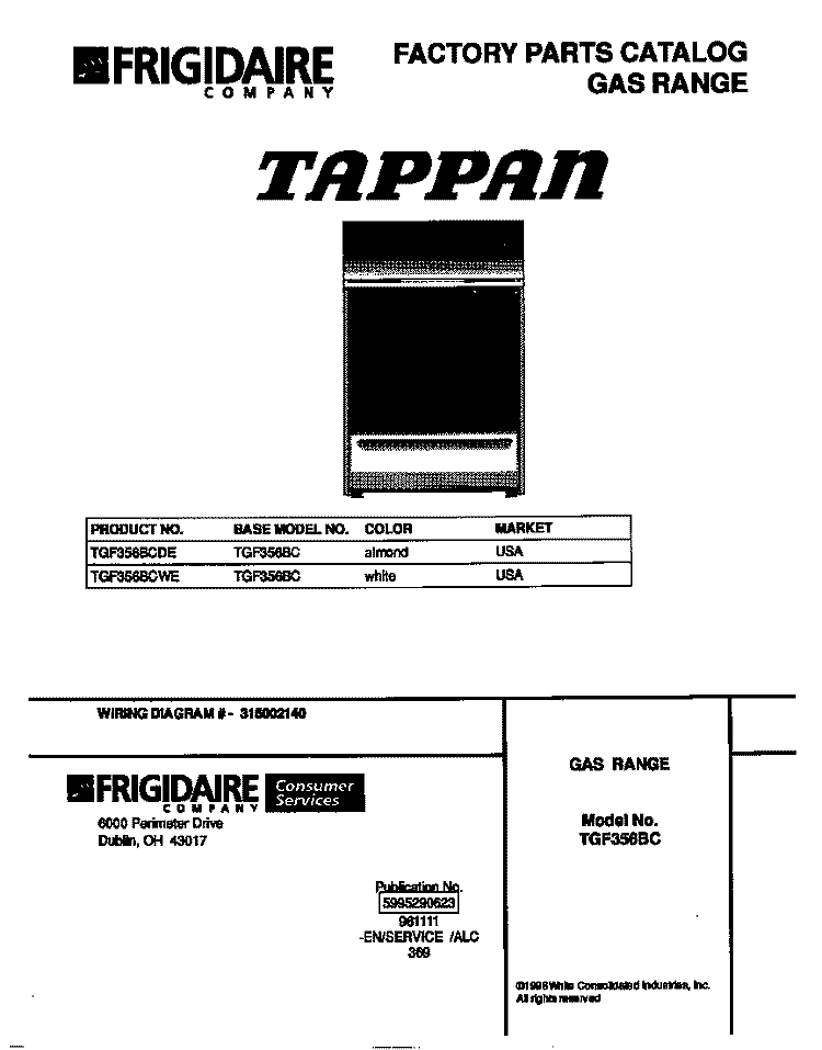 COVER Diagram and Parts List for TGF356BCWE  Tappan Range