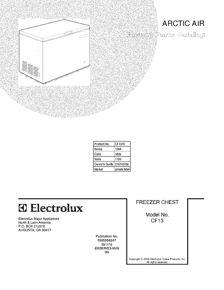 COVER Diagram and Parts List for CF1310  Frigidaire Freezer