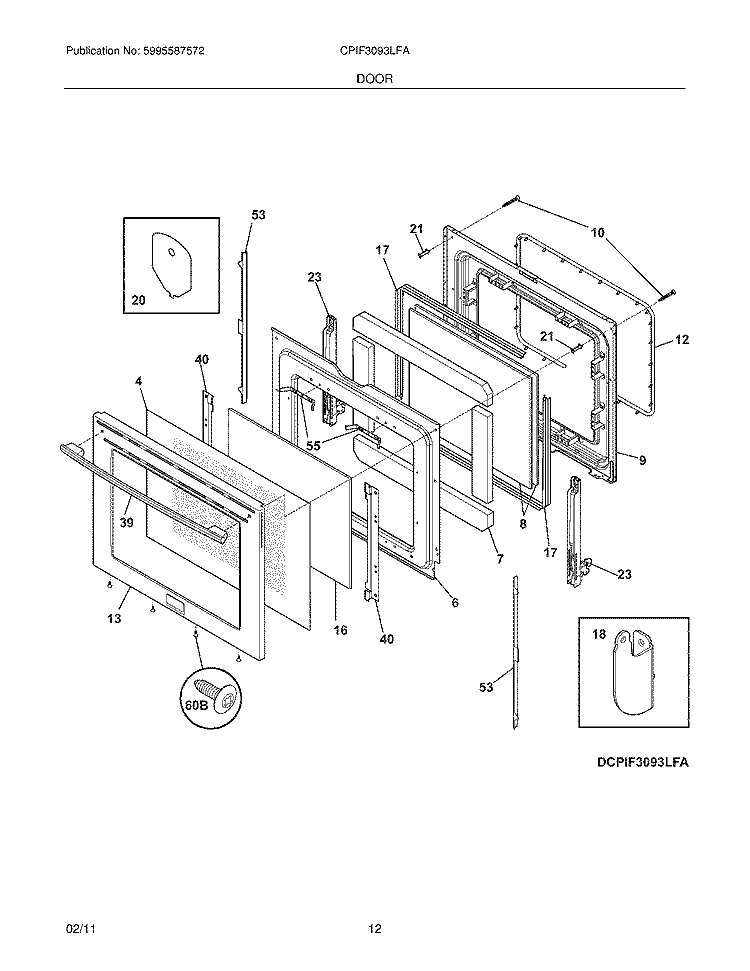 DOOR Diagram and Parts List for CPIF3093LFA  Frigidaire Range