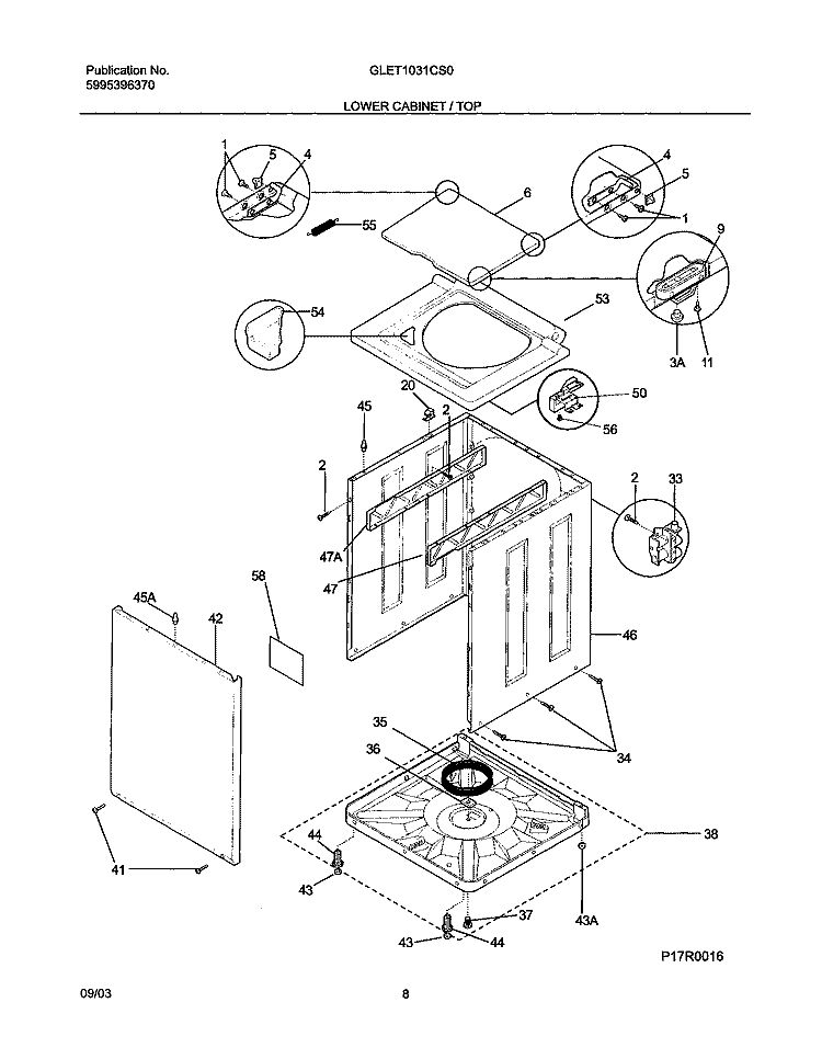 LOWER CABINET / TOP Diagram and Parts List for GLET1031CS0  Frigidaire Washer Dryer Combo