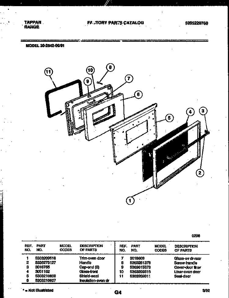 DOOR PARTS Diagram and Parts List for 30-2542-00-01  Tappan Range