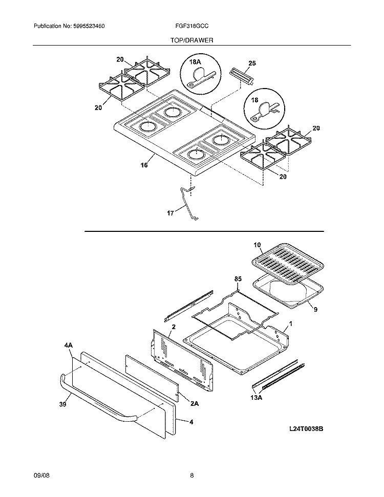 TOP/DRAWER Diagram and Parts List for FGF318GCC  Frigidaire Range