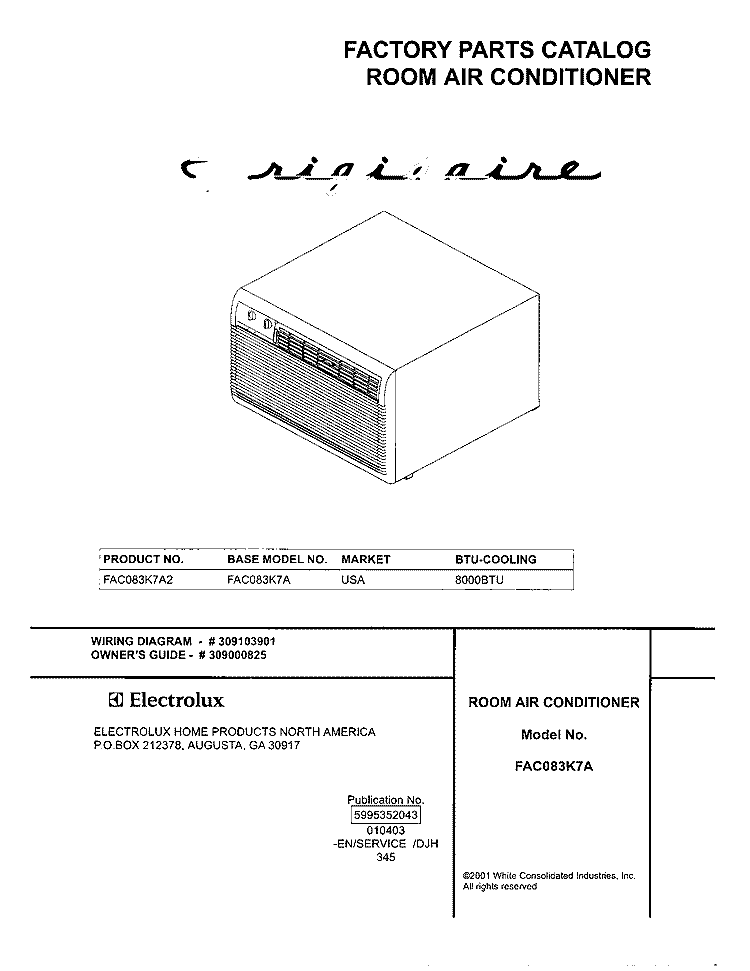 COVER Diagram and Parts List for FAC083K7A2  Frigidaire Air Conditioner