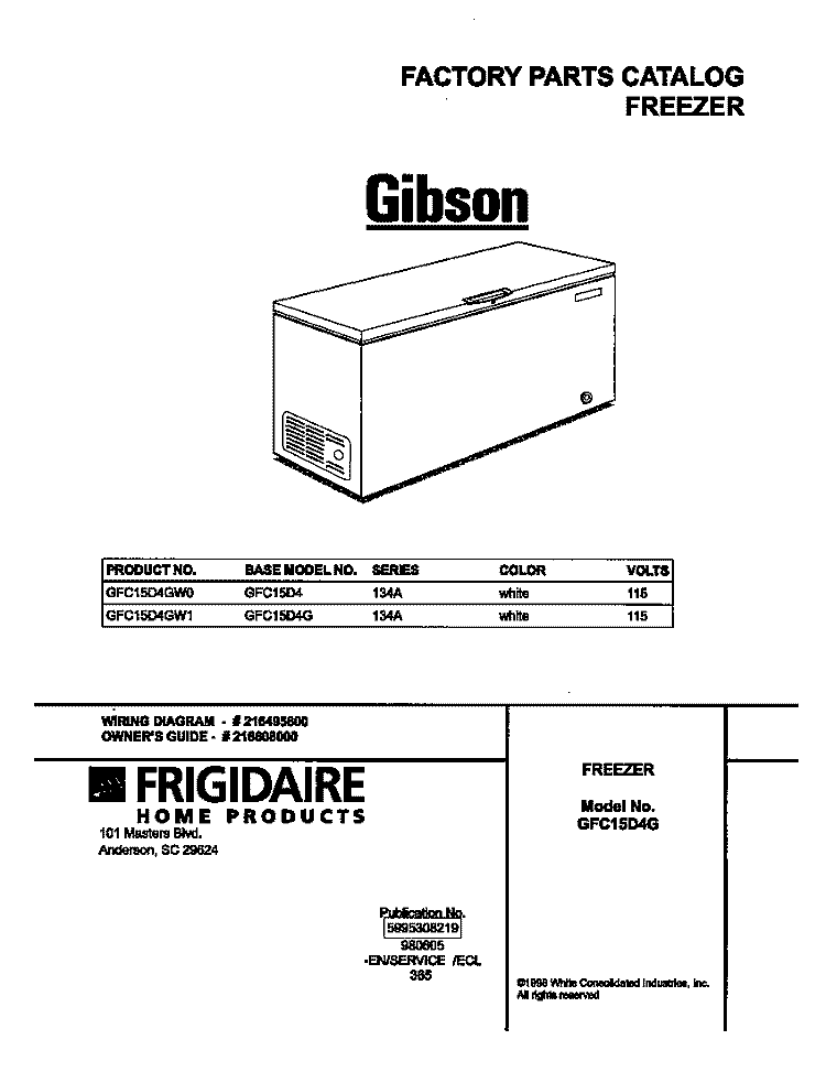 COVER Diagram and Parts List for GFC15D4GW1  Gibson Freezer