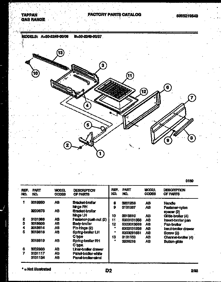 BROILER DRAWER PARTS Diagram and Parts List for 30-2249-00-06  Tappan Range