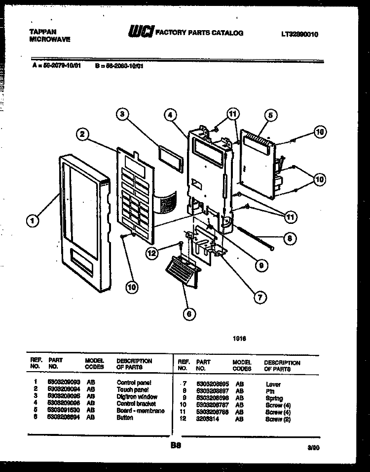 CONTROL PANEL Diagram and Parts List for 56-2079-10-01  Tappan Microwave