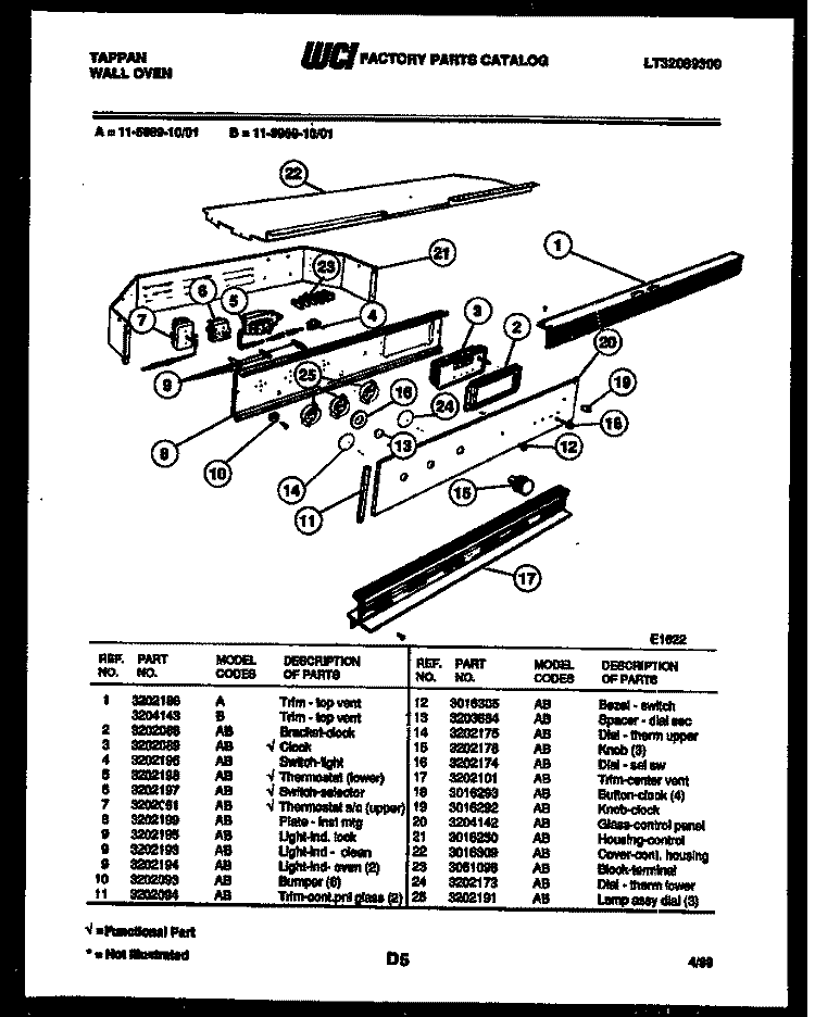 CONTROL PANEL Diagram and Parts List for 11-5969-00-01  Tappan Wall Oven