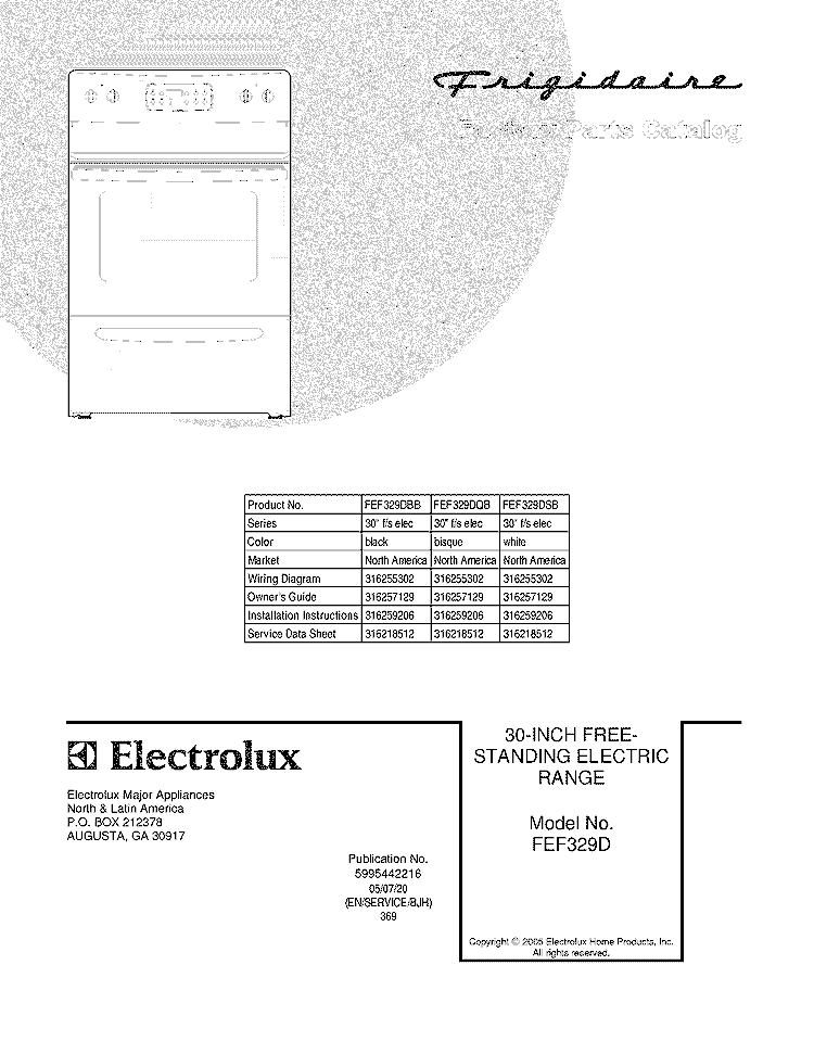 COVER Diagram and Parts List for FEF329DQB  Frigidaire Range