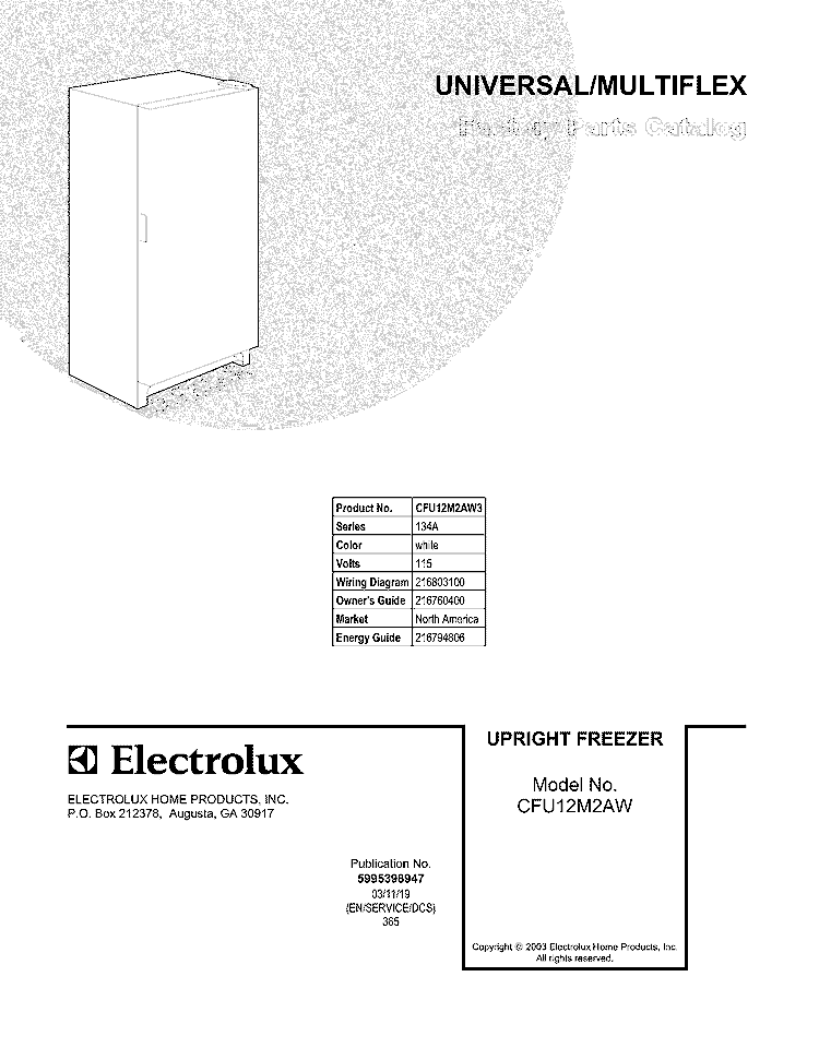 COVER Diagram and Parts List for CFU12M2AW3  Uni Freezer