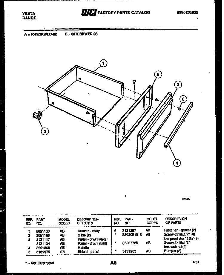 DRAWER PARTS Diagram and Parts List for 30TESKWED-23-03  Tappan Range