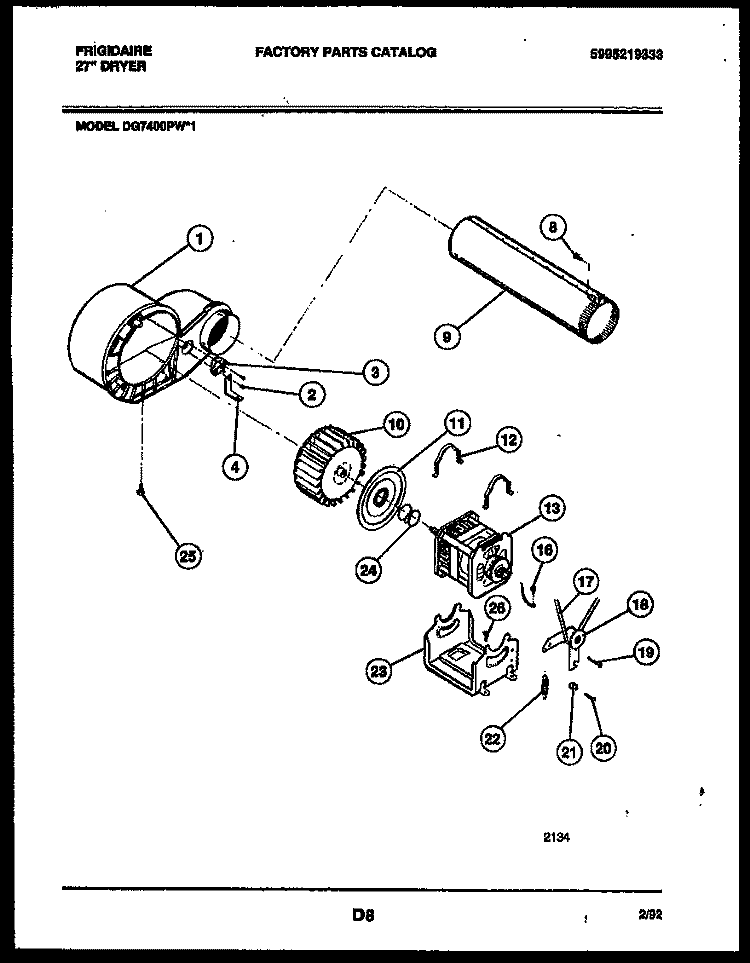 BLOWER AND DRIVE PARTS Diagram and Parts List for DG7400PW1  Frigidaire Dryer