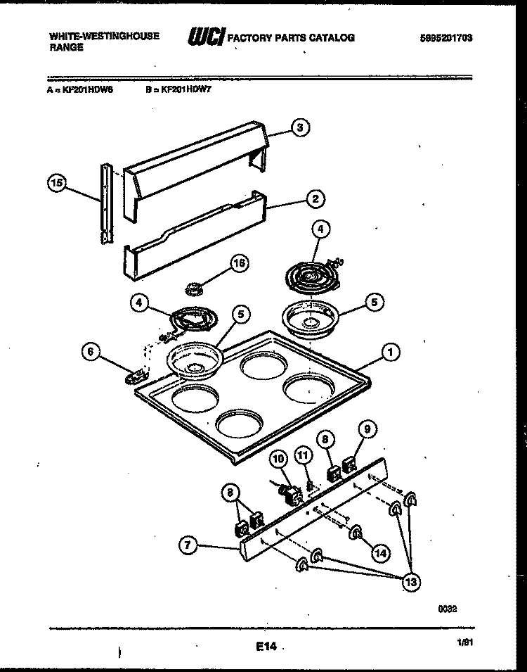 BACKGUARD AND COOKTOP PARTS Diagram and Parts List for KF201HDW7  Frigidaire Range